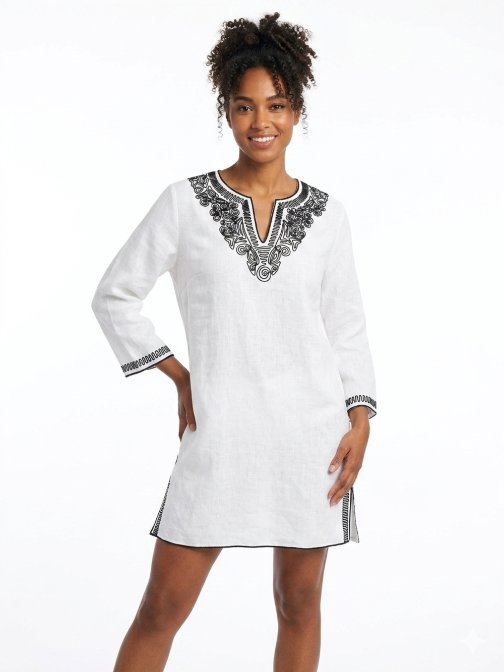 Peter Nygard 100% Linen Tunic Blouse L Black Embroidered Boho Coastal Lagenlook